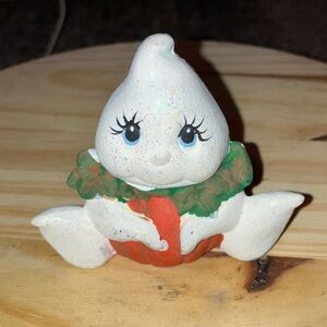 Festive anthropomorphic Ghost Figurine With Pumpkin Belly Accent 3”